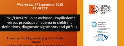 EPNS/ERN-EYE webinar visual on papilledema versus pseudopapilledema in children, including date and speaker information.
