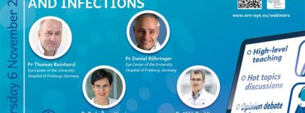 Promotional visual for the ERN-EYE webinar on Corneal Inflammation and Infections, featuring details about the speakers, date, and time.