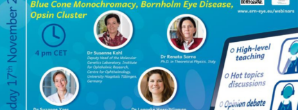 Visual announcement for the ERN-EYE webinar on Blue Cone Monochomacy, Bornholm Eye Disease, Opsin Cluster.