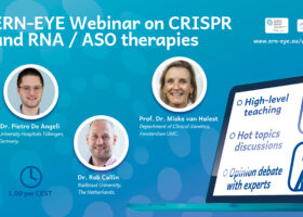 Visual announcement for the ERN-EYE webinar on CRISPR and RNA / ASO therapies.