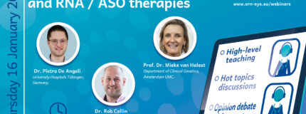 Visual announcement for the ERN-EYE webinar on CRISPR and RNA / ASO therapies.